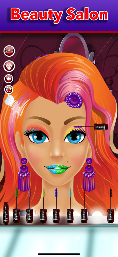 A colorful Halloween makeup application scene in a beauty salon game