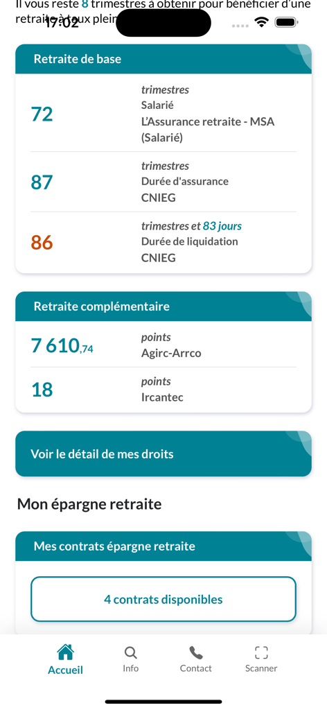 Übersicht über das Dashboard der französischen Rentenansprüche mit Quartalen und Punkten.