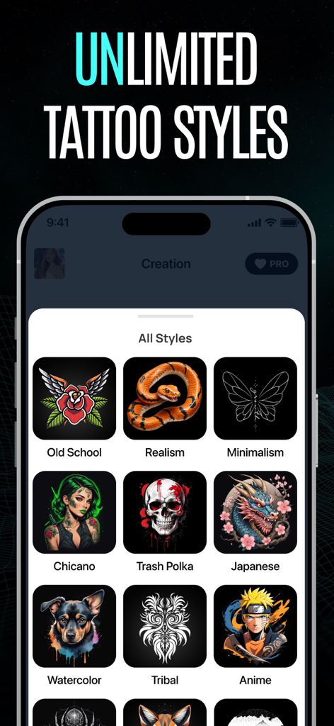 Tattoo AI Design Generator－Ink - Ein Handybildschirm, der eine Vielzahl von Tattoo-Stilen zeigt, darunter Old School, Realismus und Minimalismus