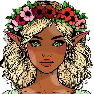 realistic female elf with flower crown