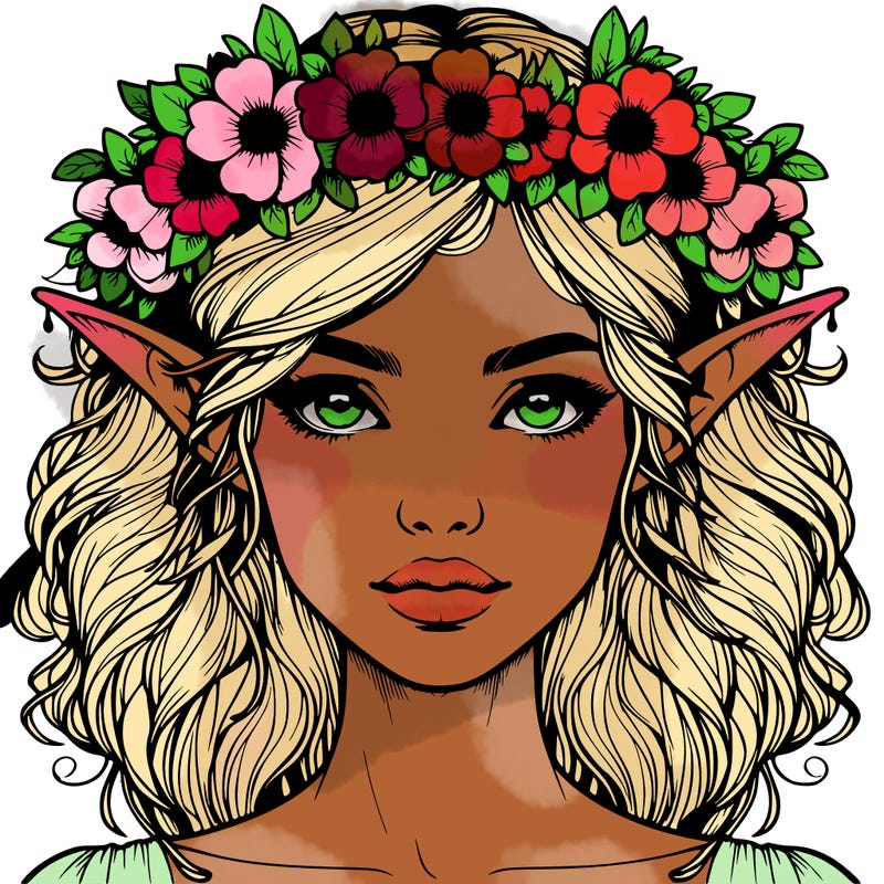 realistic female elf with flower crown