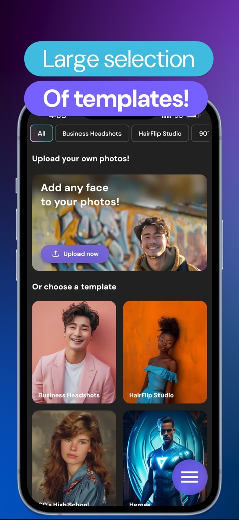 Interface of the FaceFlip AI app showing a variety of face swap templates and categories.