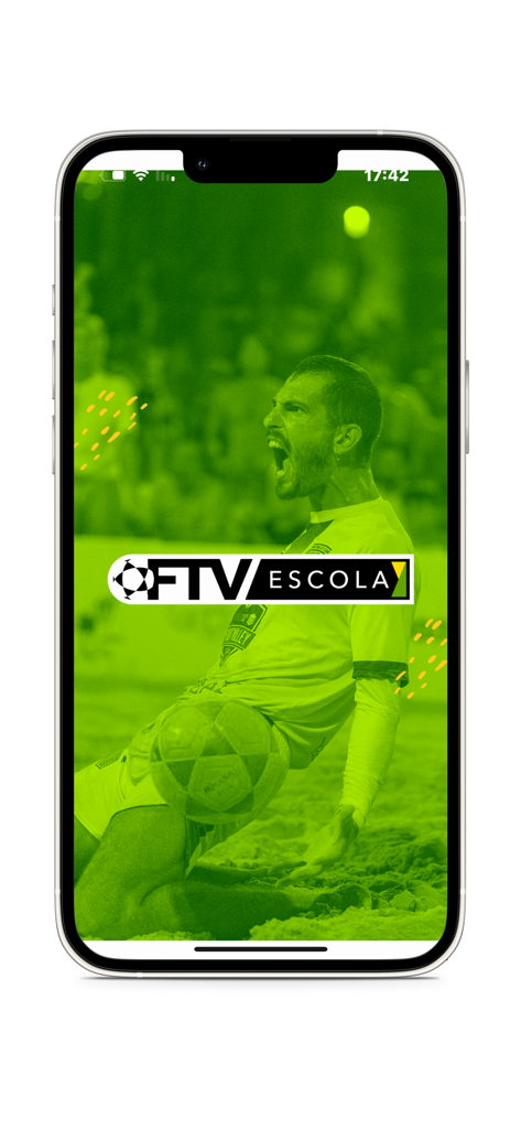 FTV Escola - Tela de splash do aplicativo FTV Escola com um jogador de futevôlei comemorando em um fundo verde.