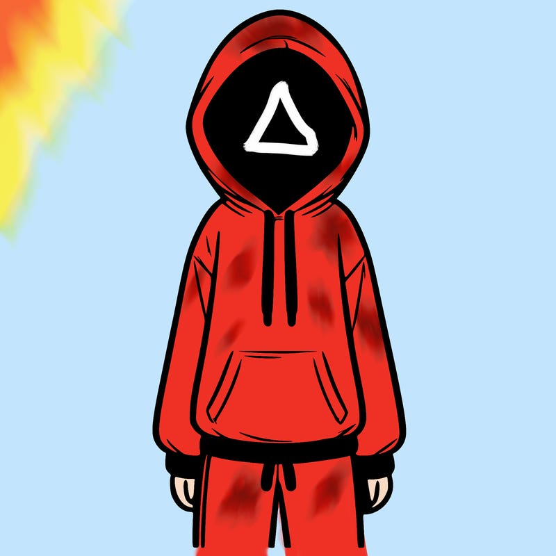 faceless girl in a tracksuit with a hood on and no hair