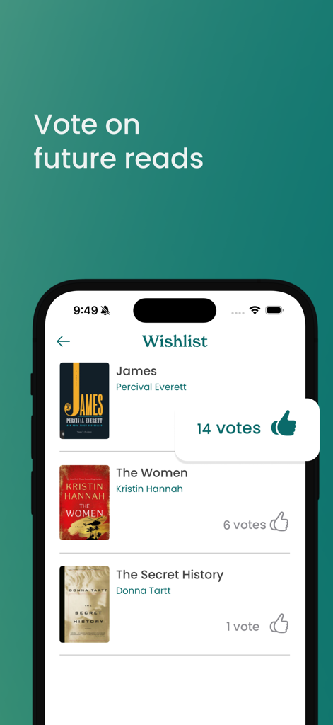 Storyline – Book Club App - Uma captura de tela da tela de lista de desejos do aplicativo Storyline mostrando membros do clube do livro votando em leituras futuras, incluindo o livro James de Percival Everett.
