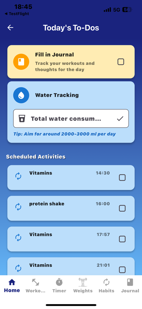 The RowAlong App - Todays To-Dos screen in The RowAlong App showing journal prompts water tracking and scheduled health activities