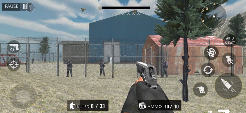 Call Of Shooter Sniper - FPS - First person shooter gameplay with a commando aiming a pistol at enemies in a military base