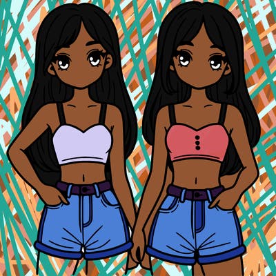 two sisters with crop tops and jean shorts and straight hair