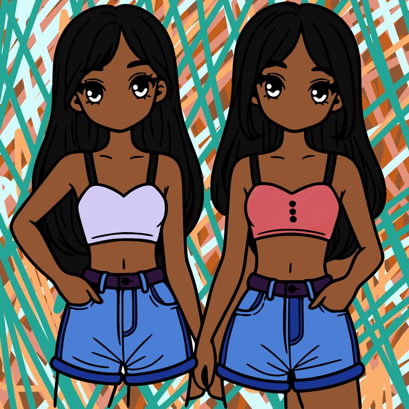 two sisters with crop tops and jean shorts and straight hair