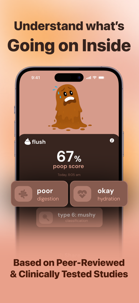 Flush: Poop & Gut Health Scan - Screenshot of the Flush app showing a 67 percent poop score with digestion and hydration metrics