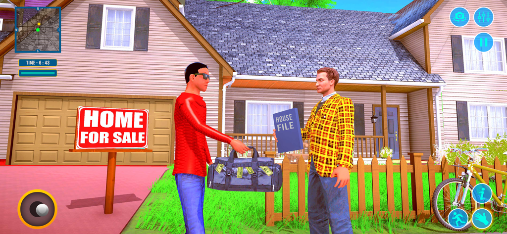 Viral YouTuber Life Simulator - Un personaje en el juego Viral YouTuber Life Simulator comprando una casa entregando una bolsa de dinero a un agente inmobiliario