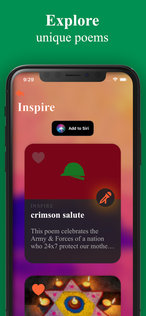 Poetik: On Poems and Poetry - Interfaz de la aplicación Poetik que muestra la categoría de poemas Inspire y un botón para añadir a los comandos de Siri.