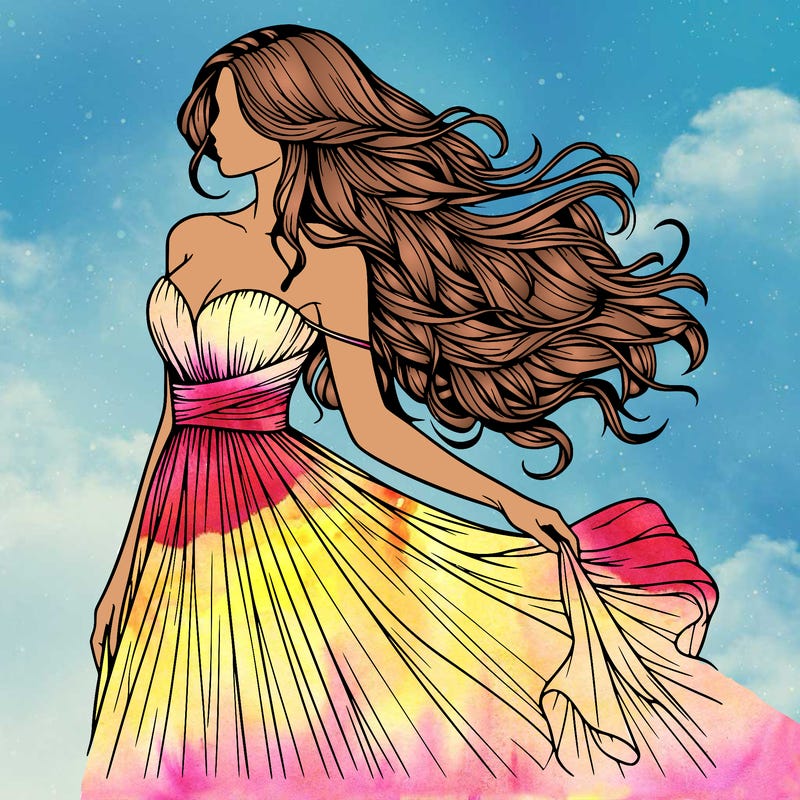 realistic woman with long hair and a beautiful dress flowing in the wind