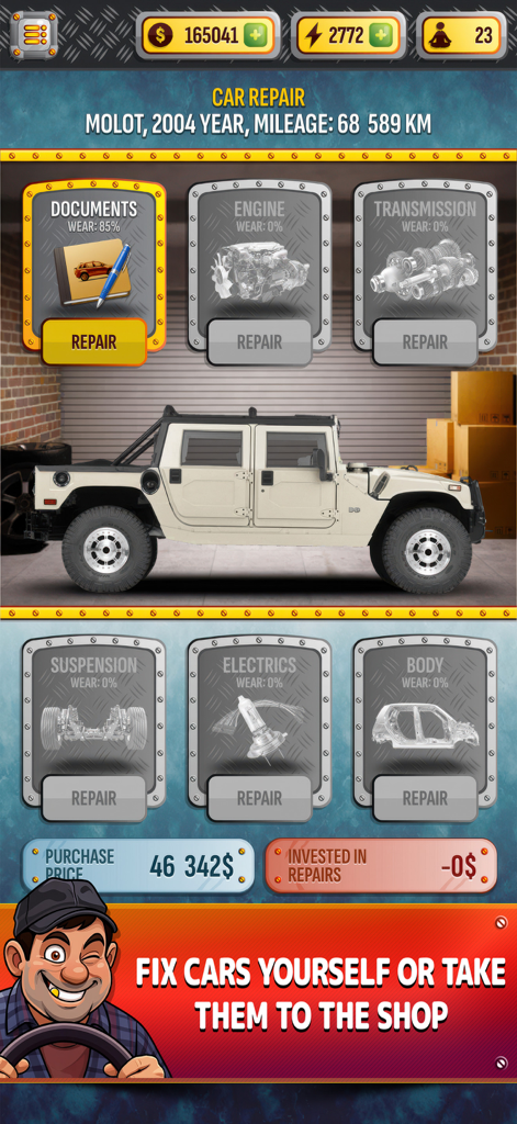 Cars Dealer Simulator - In-game car repair menu showing options to fix the engine, transmission, and suspension of a white SUV.
