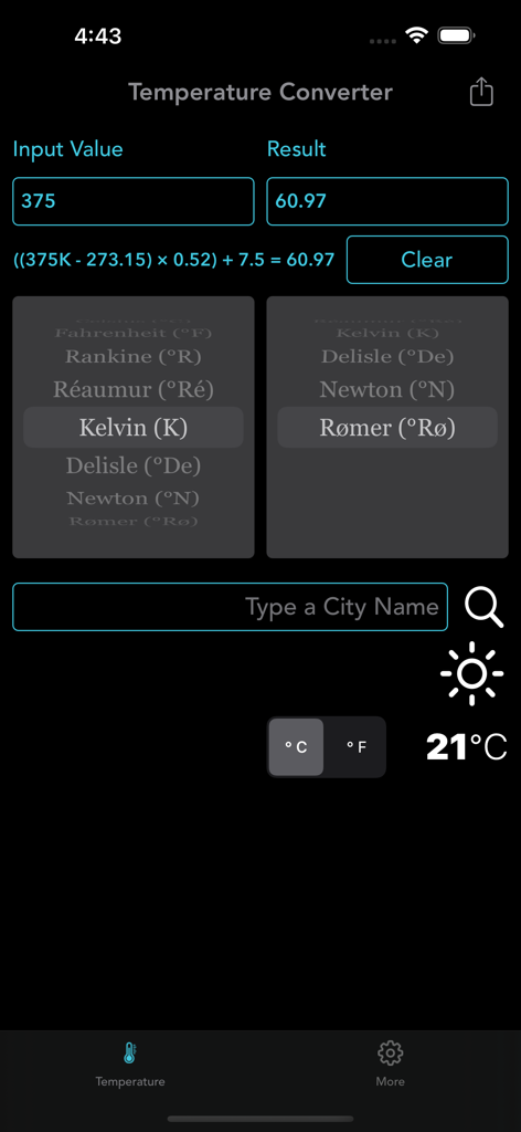 Digital Temperature Converter - Interfaccia dell'app Digital Temperature Converter che mostra una conversione da Kelvin a Romer con la formula di calcolo.