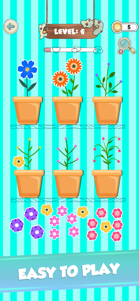 Arrange Them Little Right 2 - A colorful flower sorting puzzle level with cute terracotta pots on shelves