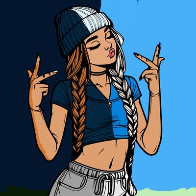 realistic teenage girl with braids and a beanie and crop top doing 🫶🏼