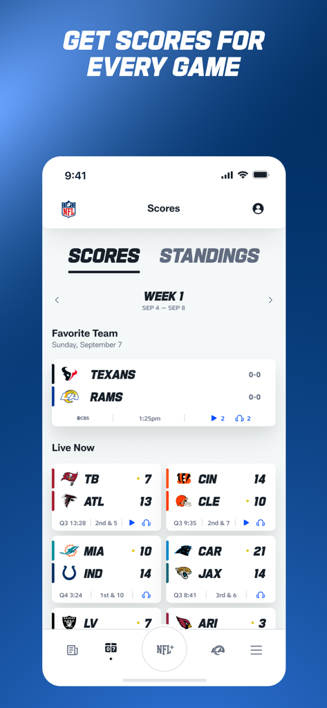 Interfaz de la app de la NFL que muestra los marcadores de juegos en vivo y las clasificaciones de los equipos