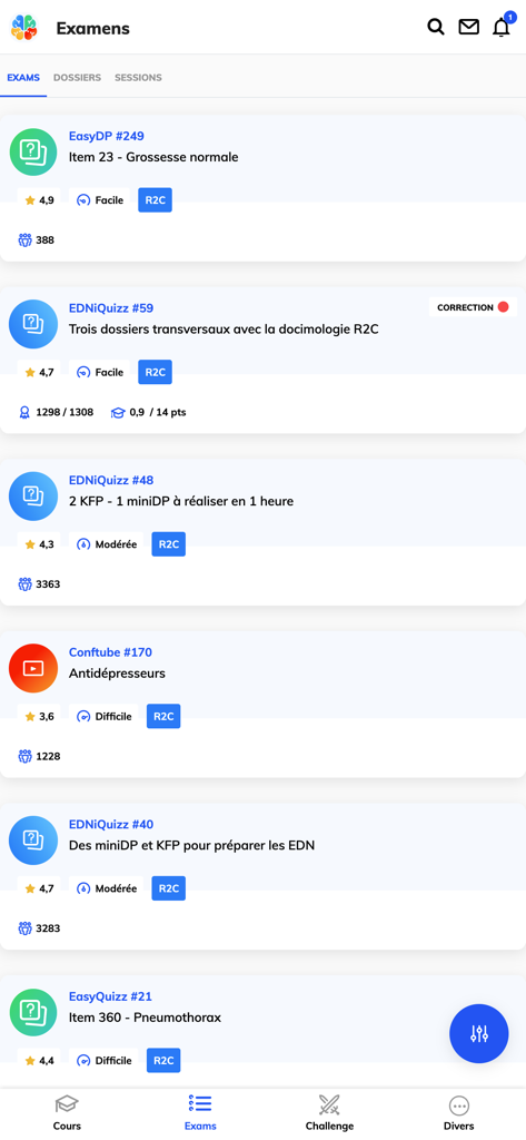 EDN - EDN 앱 인터페이스에 의학 훈련 모듈 및 시험 준비 퀴즈 목록이 표시됨.