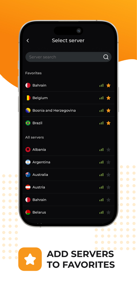 VPNLY - VPN Unlimited Proxy - VPNLY app server selection screen with a list of global locations and a star icon to add servers to favorites