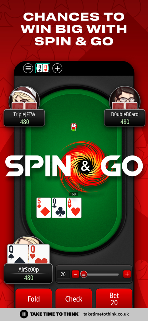 PokerStars Play Money Poker - Ein Screenshot der PokerStars Play Mobile App, die den rasanten Poker-Turniermodus Spin and Go zeigt.