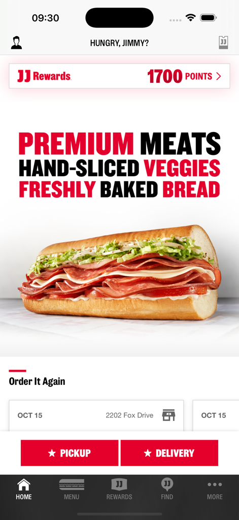 Jimmy Johns mobile App-Startbildschirm mit einem Sub-Sandwich und Prämienpunkten