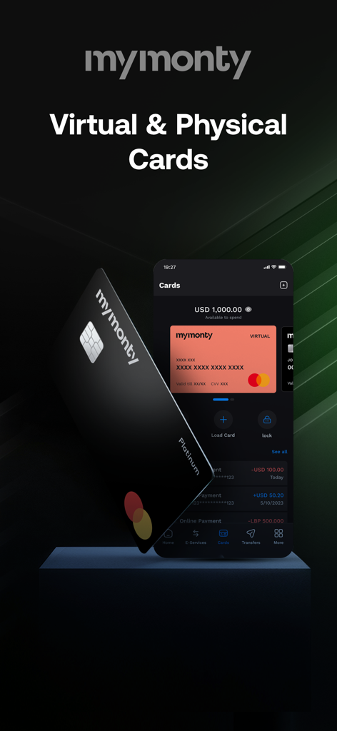 Interfaz de la aplicación MyMonty mostrando opciones de Mastercard virtual y física para banca digital