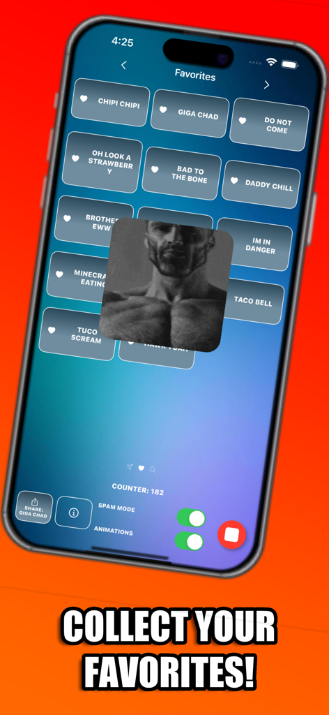 A mobile app interface for MEME Soundboard Ultimate showing a list of favorite meme sounds like Giga Chad and Chipi Chipi with a Collect Your Favorites caption