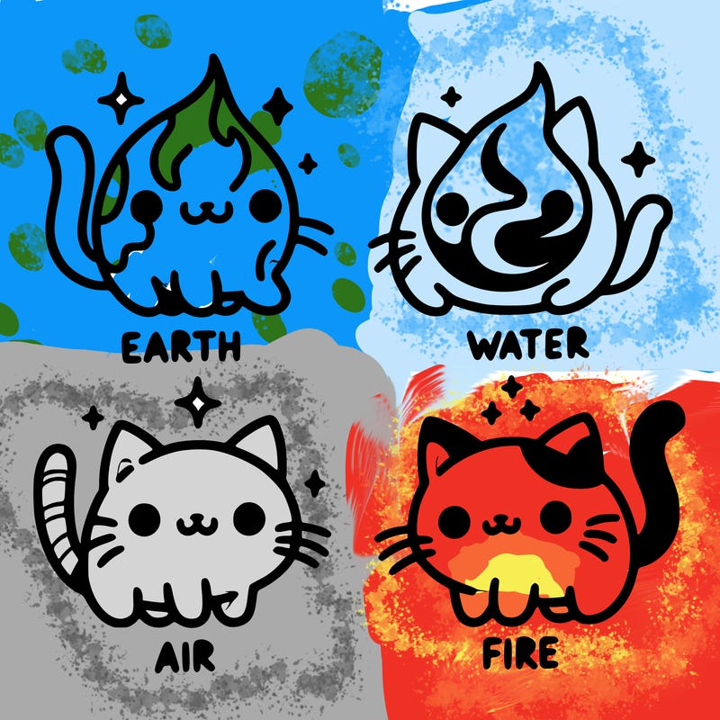 4 cats that represent the different elements, earth, water, air, and fire