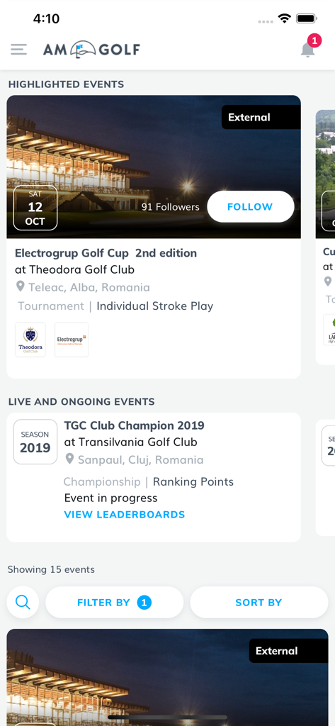 AM Golf - The AM Golf app interface displaying a list of highlighted and ongoing amateur golf tournaments.