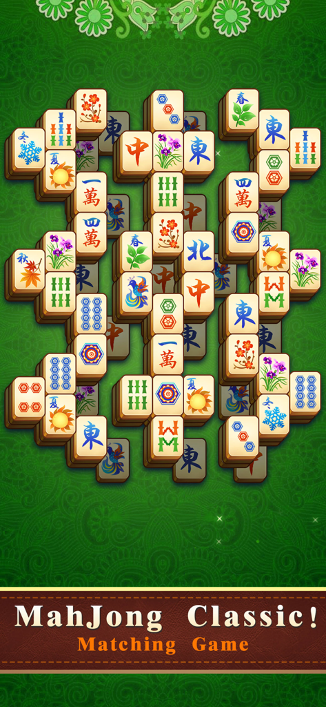 Juego de solitario Mahjong tradicional con niveles clásicos de emparejamiento de losetas sobre un fondo verde