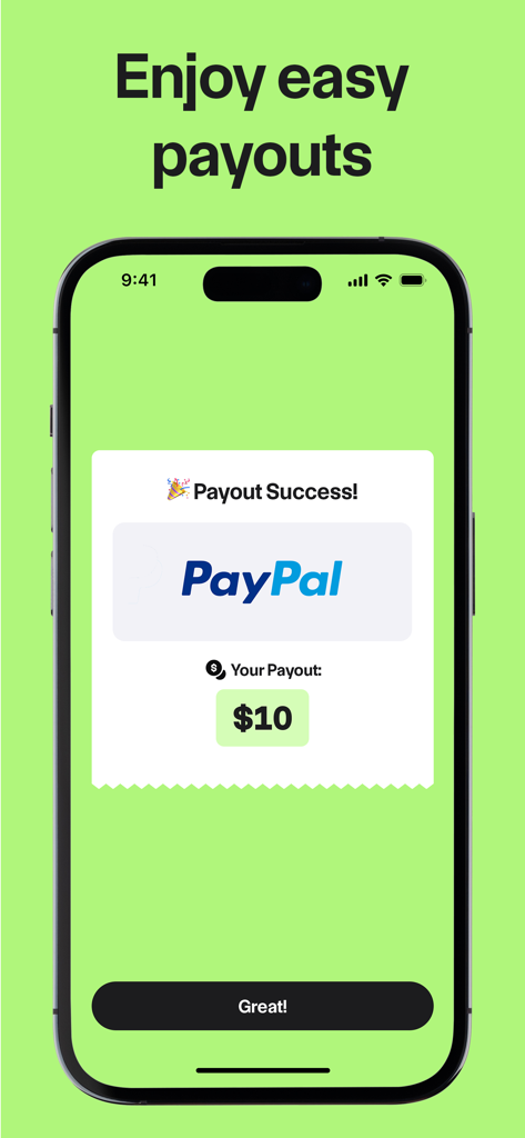 Smartphone screen showing a successful 10 dollar PayPal payout notification in the Test em All app
