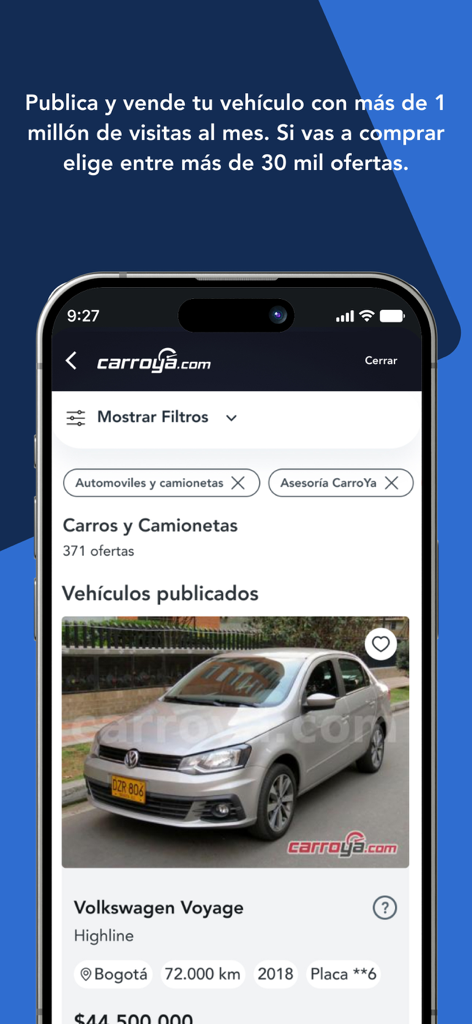CarroYa - Interface do aplicativo móvel CarroYa mostrando um anúncio de marketplace de carro usado para um Volkswagen Voyage prata.