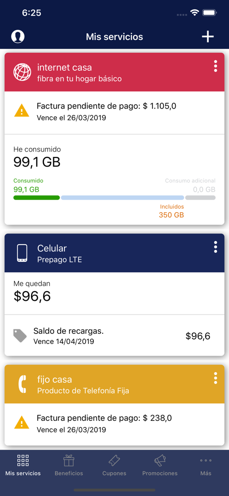 Mi Antel - Interfaz de la aplicación Mi Antel mostrando detalles de servicios de internet y telefonía móvil, incluyendo facturas y uso de datos
