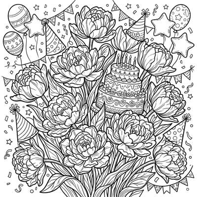 Dive into a delightful celebration with this enchanting coloring page, showcasing lush double tulips alongside a charming birthday cake. It's adorned with cheerful party elements, perfect for bringing vibrant colors to a special occasion.