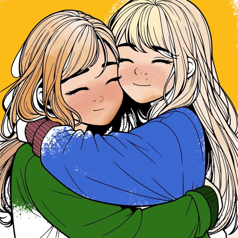 realistic two girls hugging