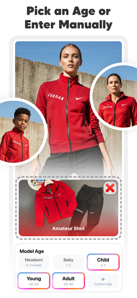 AI Fashion Model Maker: Diress - Interface of Diress app showing options to select different model ages for AI fashion photography