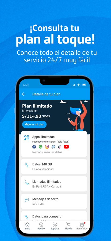 Mi Movistar Peru app interface displaying details of an unlimited mobile plan including data, calls, and text messages.