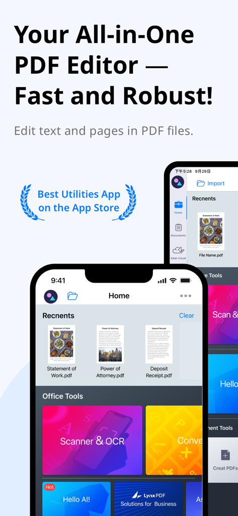 PDF Reader - Editor & Viewer - Mobile screen of KDAN PDF Editor showing document management and office tools like scanner and OCR