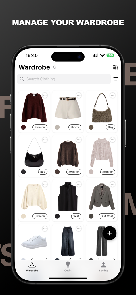 FITS ME - AI Closet - A digital wardrobe interface displaying categorized clothing items like sweaters, shorts, and bags with color indicators and labels.