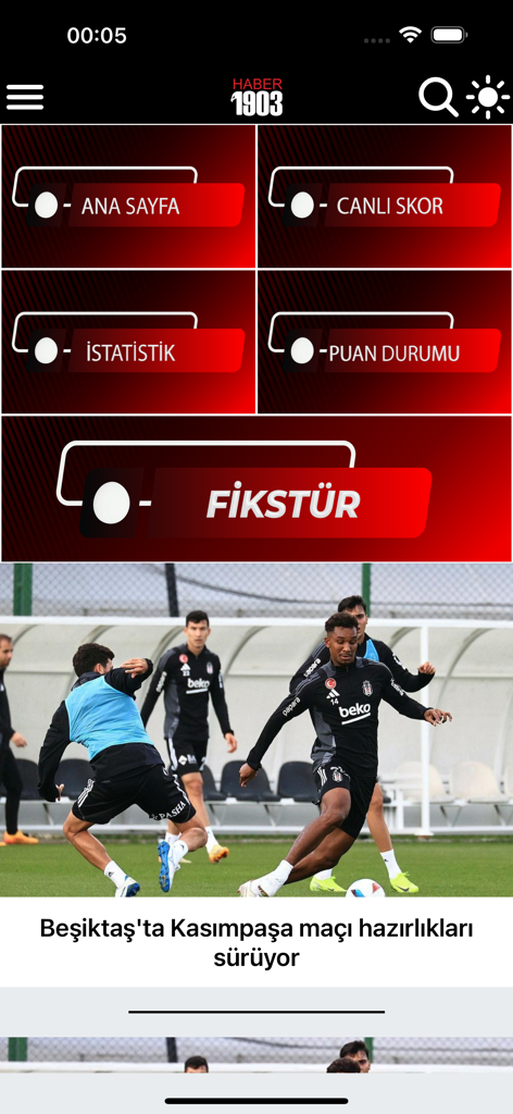 Beşiktaş 스포츠 뉴스 및 실시간 점수 메뉴가 포함된 Haber1903 VIP 모바일 앱 대시보드