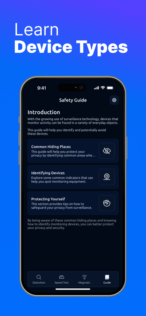 Spy360: Device Finder - Safety guide screen in Spy360 app showing common hiding places and identifying devices for privacy protection