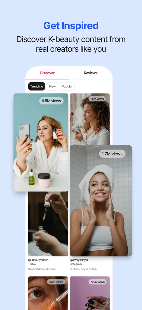 Picky: K-Beauty, Create & Earn - Pickyアプリのディスカバー画面、コンテンツクリエイターからのトレンドのK-Beautyスキンケアレビューや動画を表示。