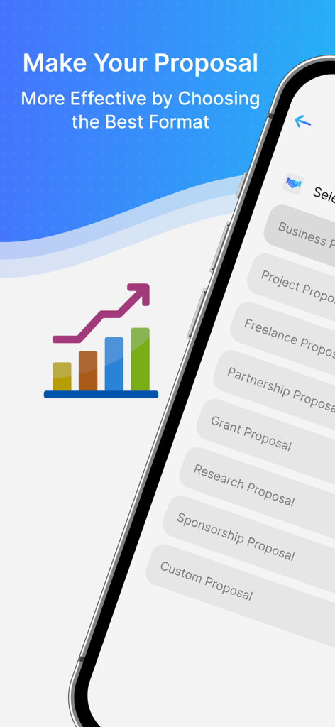 AI Business Proposal Generator - Uma tela de smartphone exibindo vários modelos de propostas comerciais, incluindo opções para freelancers, projetos e subsídios.