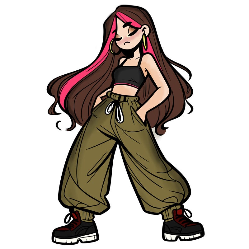 girl in baggy pants crop top and long hair