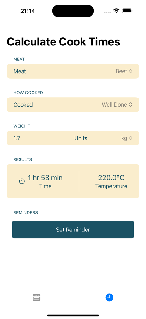 Cook Times Calculator - Interface of the Cook Times Calculator app showing a roast beef cooking time and temperature calculation for 1.7kg well done meat.