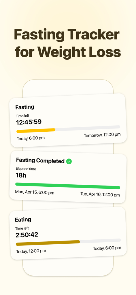 Fitia: Calorie Counter & Diet - Fasting tracker interface showing active fasting timer, completed fast, and eating window timer.