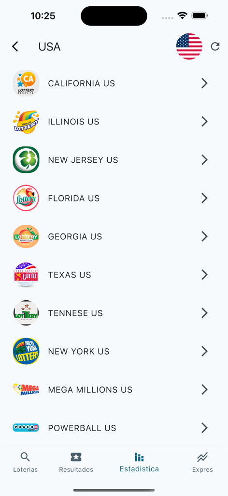 Loto Latina Resultados Loteria - Pantalla de la aplicación Loto Latina mostrando una lista de loterías de EE. UU., incluidas California, Florida y Texas.