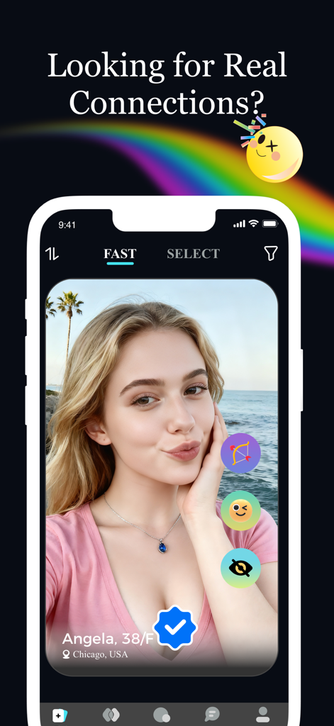 Queer: LGBTQ Chat & Friends - Queer LGBTQデーティングアプリのインターフェースにある認証済みユーザープロフィール。「本物のつながりを求めています」というテキストが表示されています。