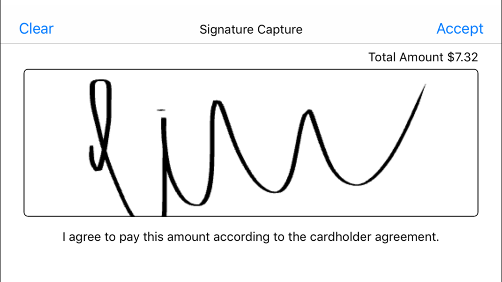 Digital signature capture interface on the HMP Restaurant mobile app for a business transaction
